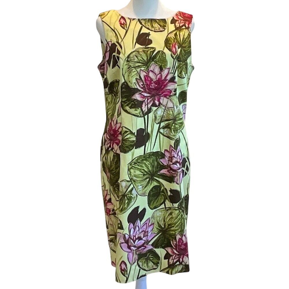 Talbots Petites 10 Yellow Pink Lotus Flower Lily Pad Cotton Sheath Dress 36in‎ L